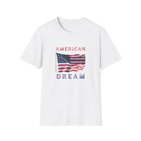 T-shirt featuring an American flag graphic with the words 'AMERICAN DREAM' in red and blue text above and below the flag