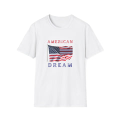 T-shirt featuring an American flag graphic with the words 'AMERICAN DREAM' in red and blue text above and below the flag