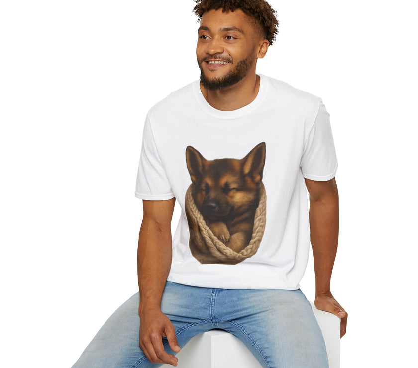 Man wearing a white t-shirt with a graphic of a dog on a white background