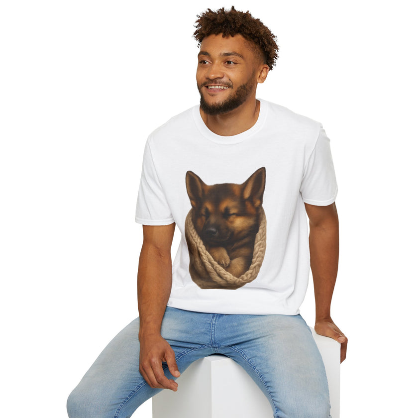 Man wearing a white t-shirt with a graphic of a dog on a white background
