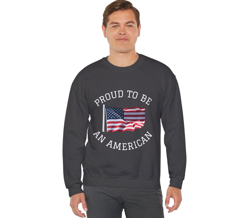 Man wearing a dark gray sweatshirt with 'Proud to be an American' text and flag design on a white background