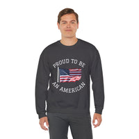 Man wearing a dark gray sweatshirt with 'Proud to be an American' text and flag design on a white background