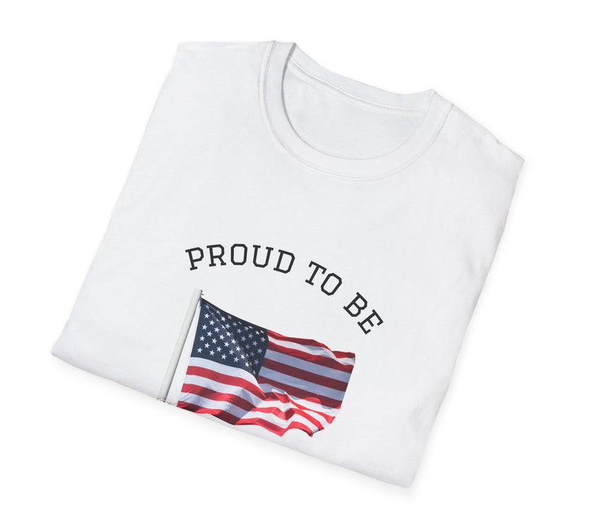 Folded T-shirt with an American flag graphic and the words 'Proud to Be an American' printed around the flag