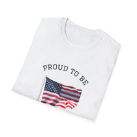 Folded T-shirt with an American flag graphic and the words 'Proud to Be an American' printed around the flag