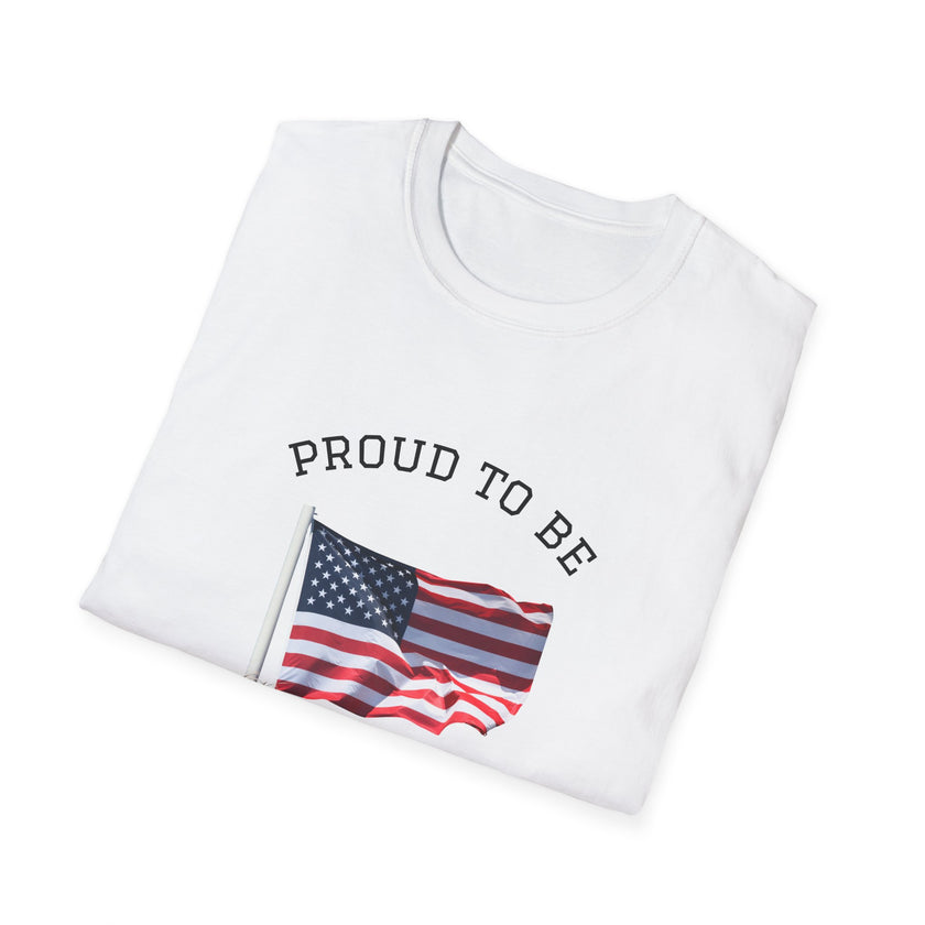 Folded T-shirt with an American flag graphic and the words 'Proud to Be an American' printed around the flag