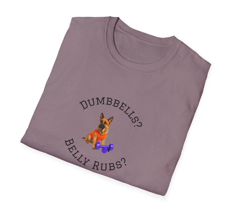 Folded purple t-shirt with a dog graphic and text on a white background