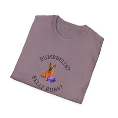 Folded purple t-shirt with a dog graphic and text on a white background