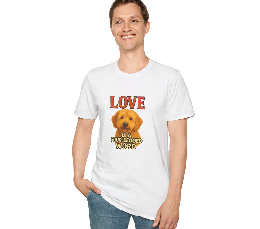 Person wearing a white t-shirt with a dog graphic and text on a white background