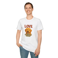 Person wearing a white t-shirt with a dog graphic and text on a white background