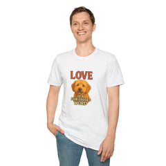 Person wearing a white t-shirt with a dog graphic and text on a white background