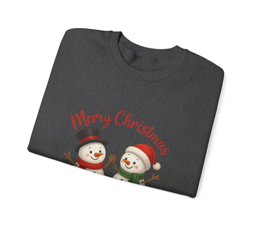 Folded dark gray sweatshirt with 'Merry Christmas' text and snowman design on a white background