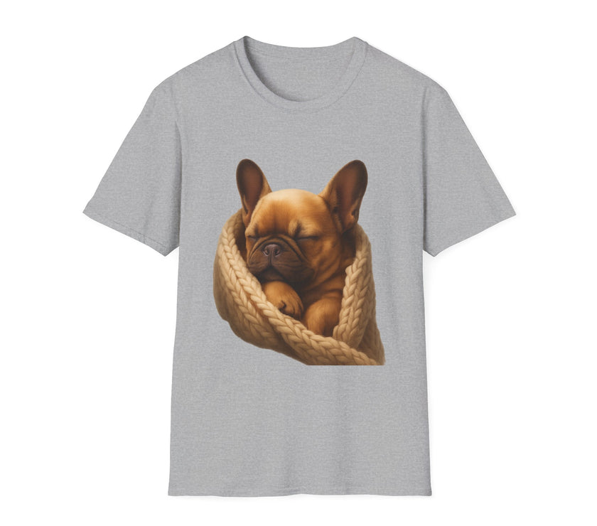 Gray t-shirt with a dog in a knitted blanket graphic on a white background