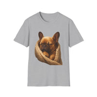 Gray t-shirt with a dog in a knitted blanket graphic on a white background