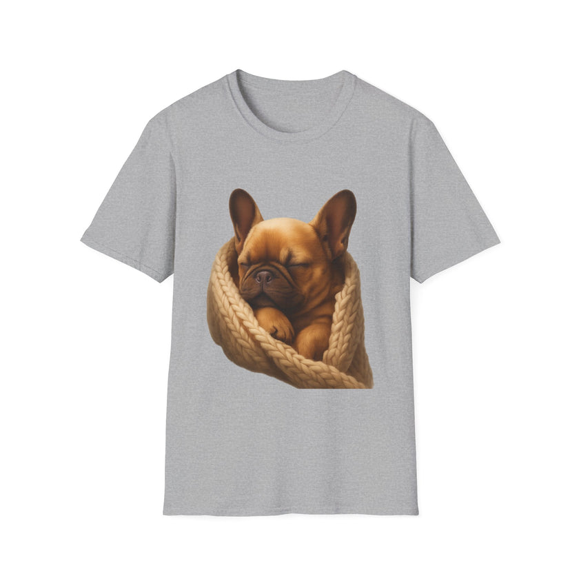 Gray t-shirt with a dog in a knitted blanket graphic on a white background