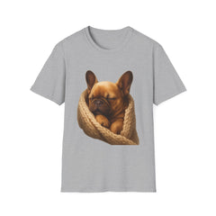Gray t-shirt with a dog in a knitted blanket graphic on a white background