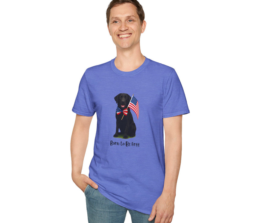 Heather Royal  t-shirt featuring a patriotic Black Lab wearing an American flag bowtie and holding U.S. flags, with the Black Lab phrase "Born to Be Free" printed below — perfect for dog lovers and patriotic Americans.