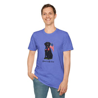 Heather Royal  t-shirt featuring a patriotic Black Lab wearing an American flag bowtie and holding U.S. flags, with the Black Lab phrase "Born to Be Free" printed below — perfect for dog lovers and patriotic Americans.
