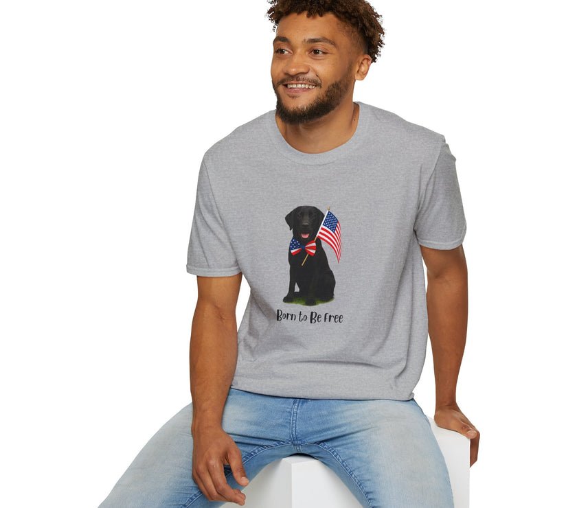 Sport Grrey t-shirt featuring a patriotic Black Lab wearing an American flag bowtie and holding U.S. flags, with the Black Lab phrase "Born to Be Free" printed below — perfect for dog lovers and patriotic Americans.