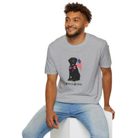 Sport Grrey t-shirt featuring a patriotic Black Lab wearing an American flag bowtie and holding U.S. flags, with the Black Lab phrase "Born to Be Free" printed below — perfect for dog lovers and patriotic Americans.