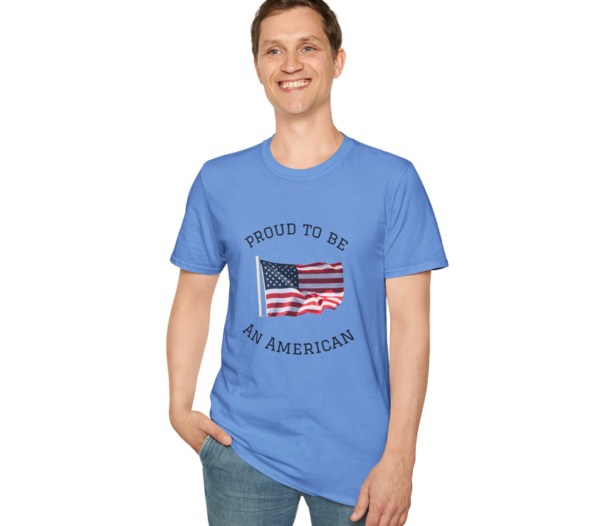 Young man  wearing a white t-shirt with an American flag graphic and the words 'Proud to Be an American' printed around the flag