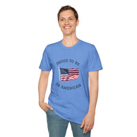 Young man  wearing a white t-shirt with an American flag graphic and the words 'Proud to Be an American' printed around the flag