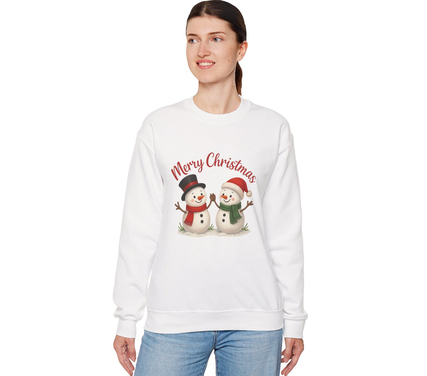Woman wearing a white sweatshirt with 'Merry Christmas' and snowman graphics on a white background