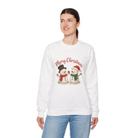 Woman wearing a white sweatshirt with 'Merry Christmas' and snowman graphics on a white background