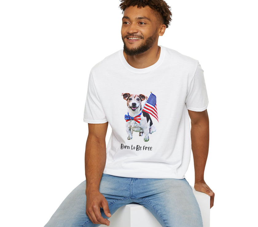 Male wearing T-shirt featuring a cute golden doodle puppy wearing an American flag bow tie and holding a small U.S. flag, with the phrase 'Born to Be Free' printed below the image.