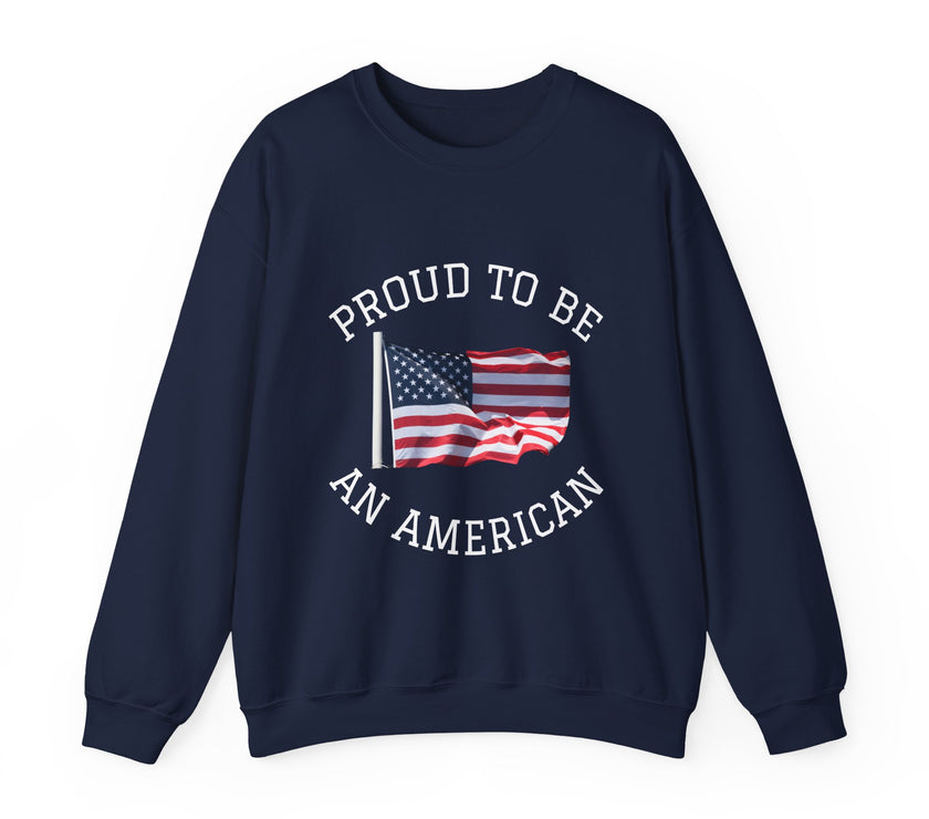 Navy blue sweatshirt with 'Proud to be an American' text and American flag graphic on a white background
