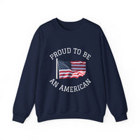 Navy blue sweatshirt with 'Proud to be an American' text and American flag graphic on a white background