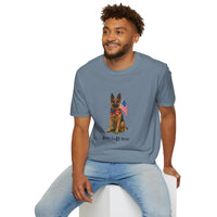 Stone Blue t-shirt featuring a patriotic German Shepherd wearing an American flag bowtie and holding U.S. flags, with the phrase "Born to Be Free" printed below — perfect for dog lovers and patriotic Americans.