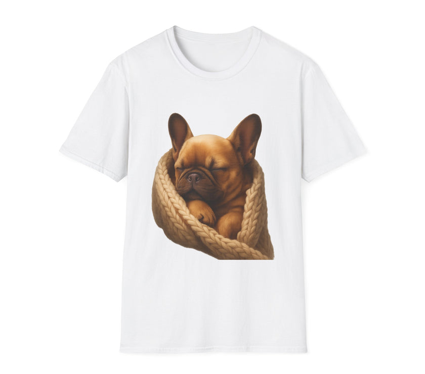 White t-shirt with a brown dog in a rope basket design on a white background
