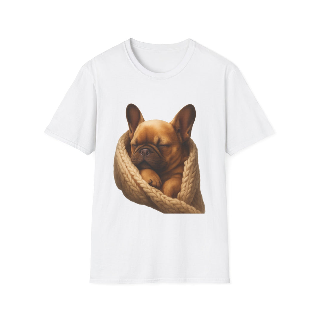 White t-shirt with a brown dog in a rope basket design on a white background