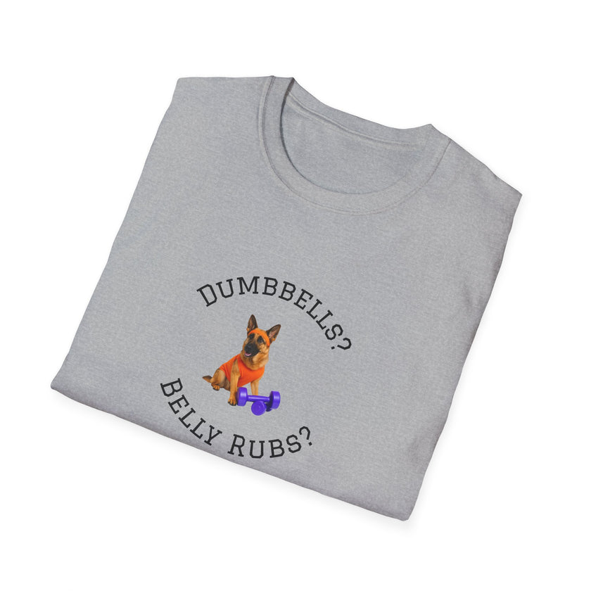 Folded gray t-shirt with a dog graphic and text on a white background