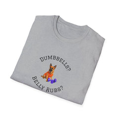 Folded gray t-shirt with a dog graphic and text on a white background