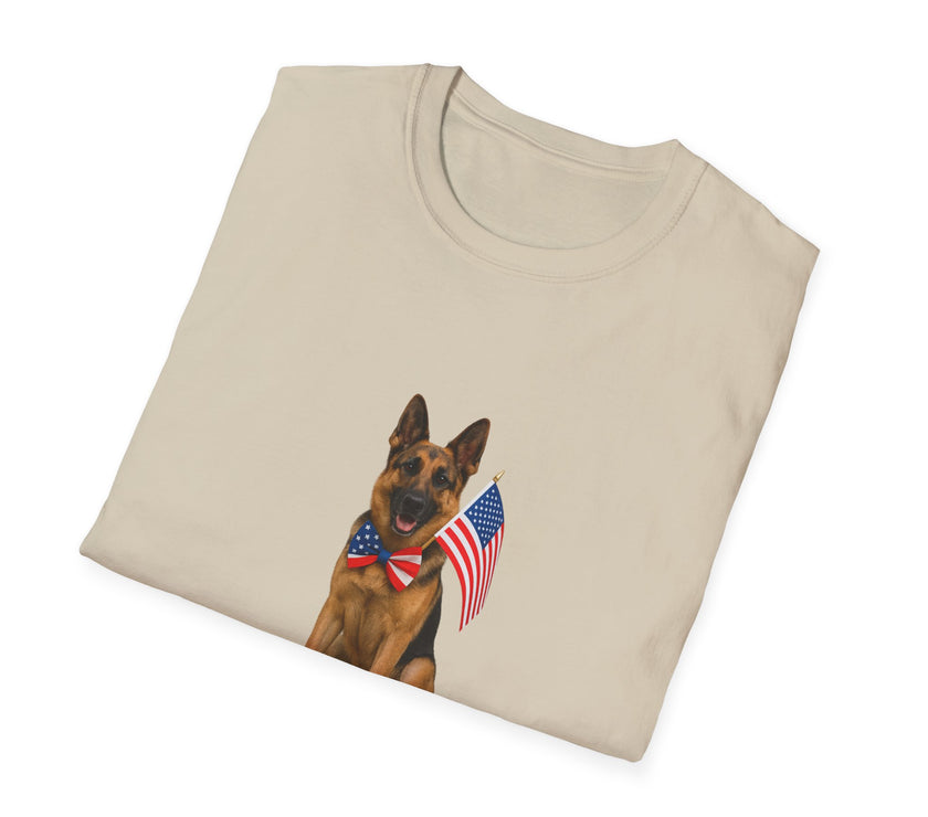 Beige t-shirt featuring a patriotic German Shepherd wearing an American flag bowtie and holding U.S. flags, with the phrase "Born to Be Free" printed below — perfect for dog lovers and patriotic Americans.
