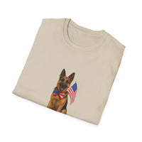 Beige t-shirt featuring a patriotic German Shepherd wearing an American flag bowtie and holding U.S. flags, with the phrase "Born to Be Free" printed below — perfect for dog lovers and patriotic Americans.