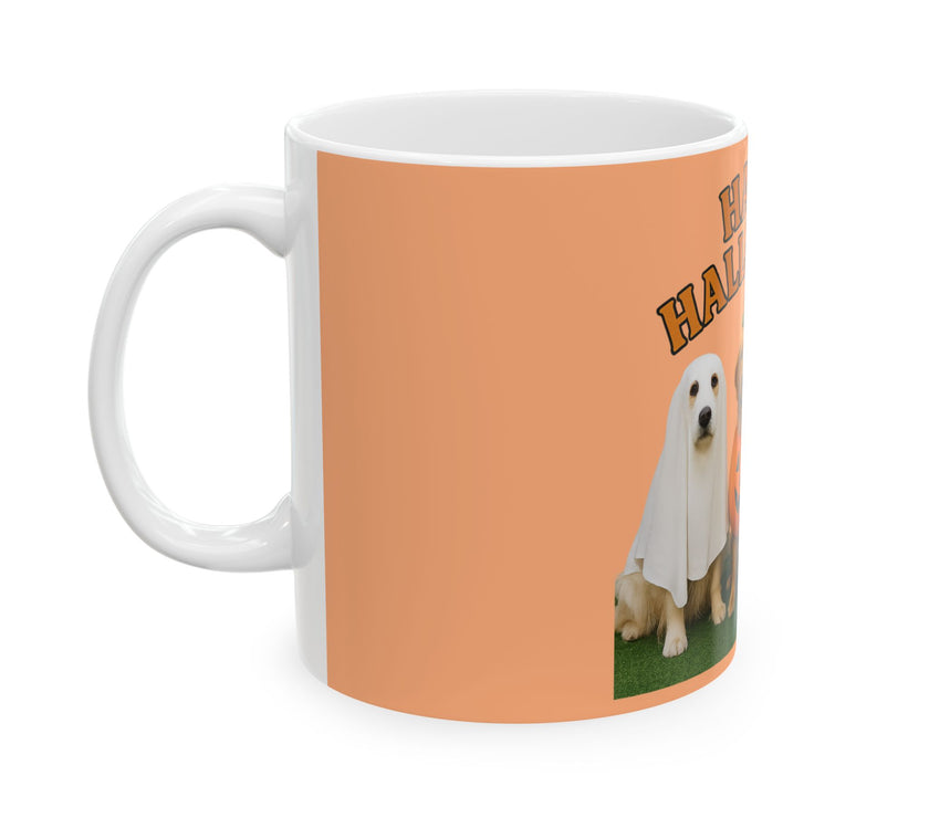 Mug with a dog illustration and text on an orange background