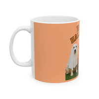 Mug with a dog illustration and text on an orange background