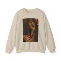Beige sweatshirt with a graphic of a person holding a dog on a white background
