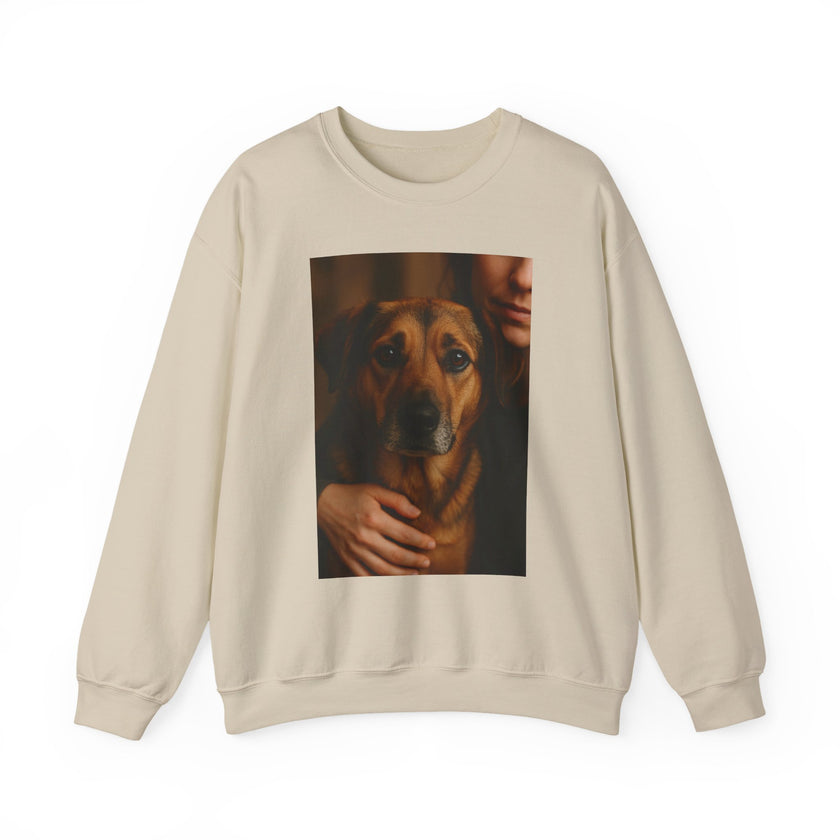 Beige sweatshirt with a graphic of a person holding a dog on a white background
