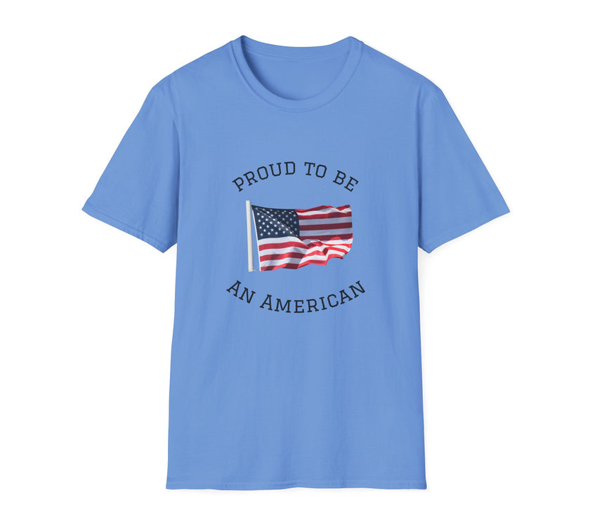T-shirt with an American flag graphic and the words 'Proud to Be an American' printed around the flag