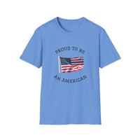 T-shirt with an American flag graphic and the words 'Proud to Be an American' printed around the flag