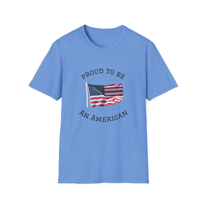 T-shirt with an American flag graphic and the words 'Proud to Be an American' printed around the flag