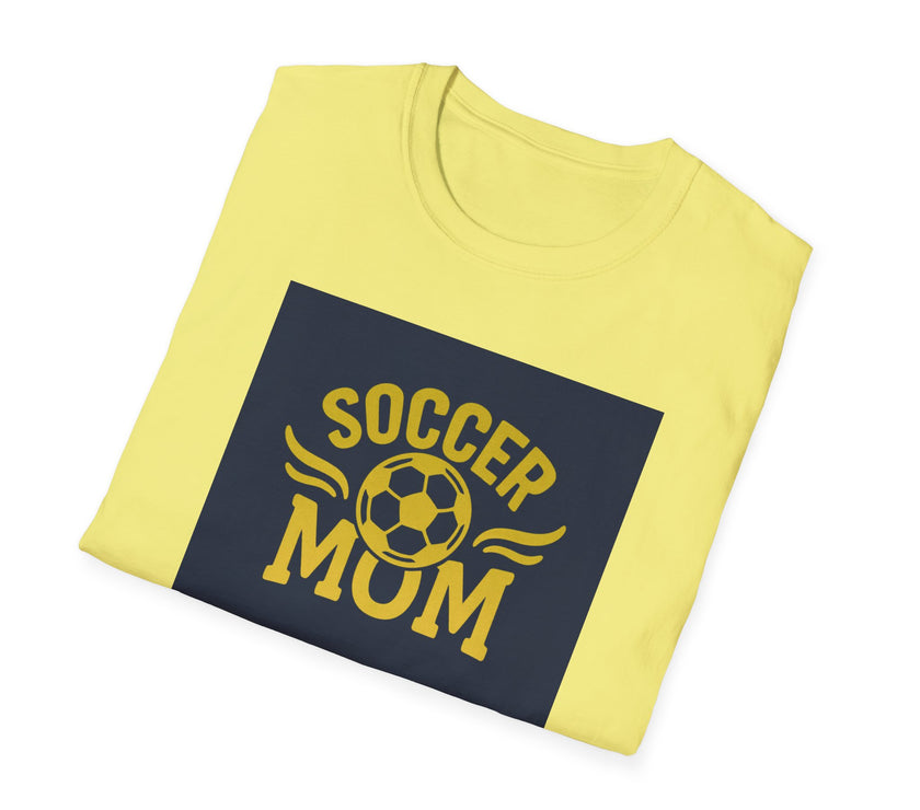 Yellow t-shirt with 'Soccer Mum' text and soccer ball graphic on a white background