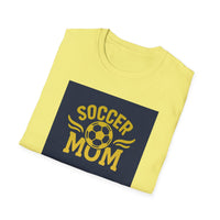 Yellow t-shirt with 'Soccer Mum' text and soccer ball graphic on a white background