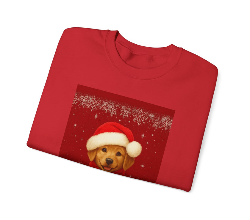 Folded red shirt with a Christmas-themed design featuring a dog wearing a Santa hat on a white background.