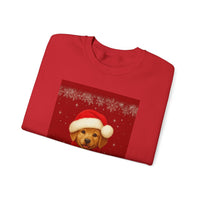 Folded red shirt with a Christmas-themed design featuring a dog wearing a Santa hat on a white background.