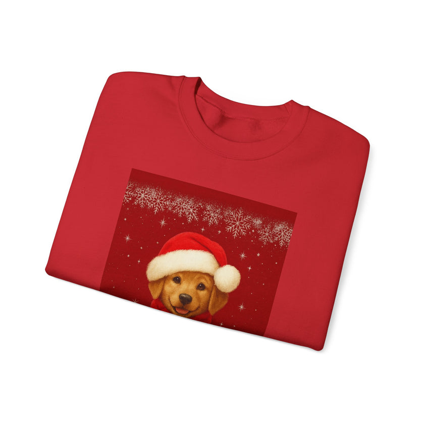 Folded red shirt with a Christmas-themed design featuring a dog wearing a Santa hat on a white background.
