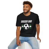 Man wearing a black t-shirt with 'Soccer Dad' and a soccer ball graphic on a white background